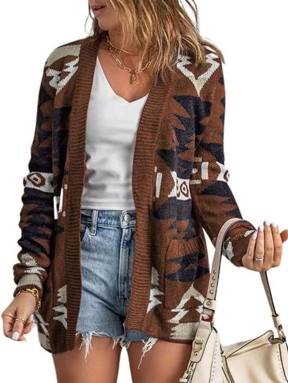 Tribal Aztec Print Open Front Knitted Cardigan Sweater for Women - Cozy